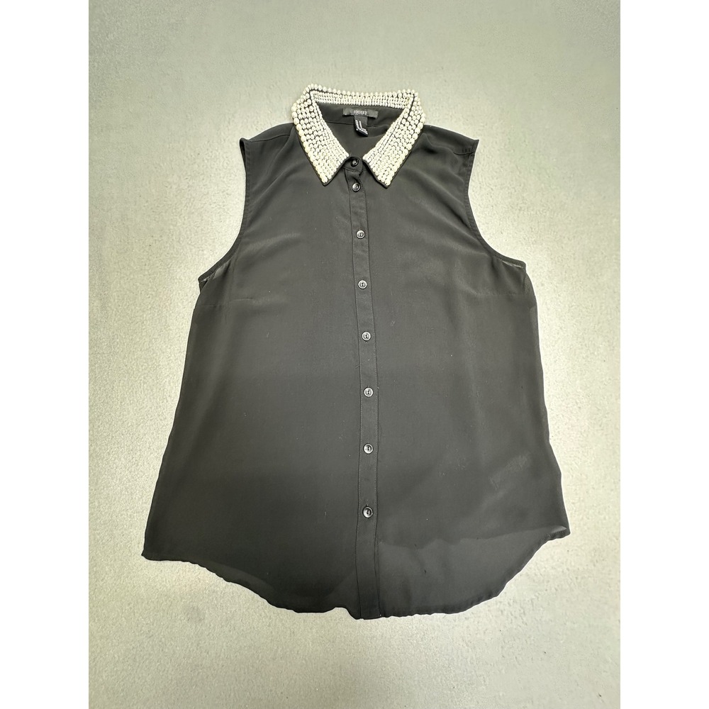 Forever 21 Y2K Whimsigoth Black Sleeveless Pearl Embellished Collar‎ Blouse Med